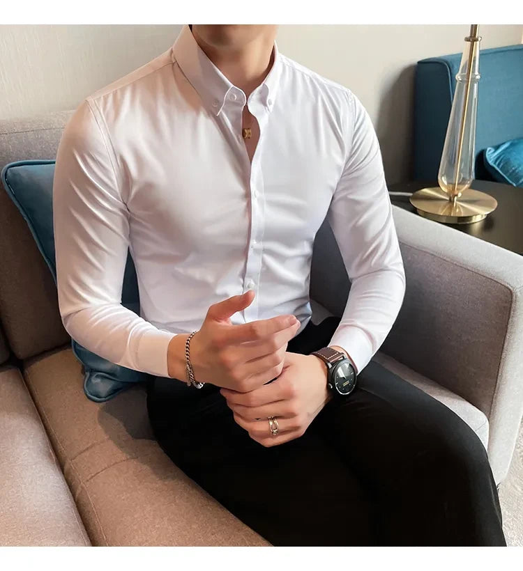 Men Regular Fit Solid Button Down White Satin Formal Shirt