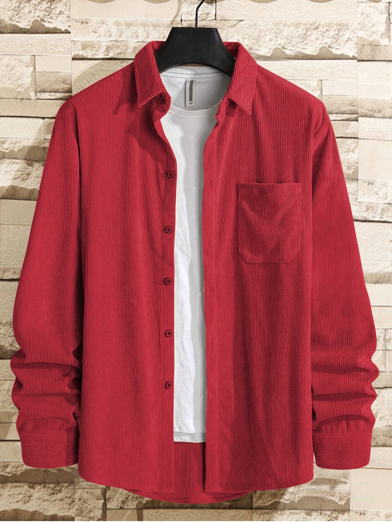 Charming Red Men Corduroy Solid Shirt With Pocket