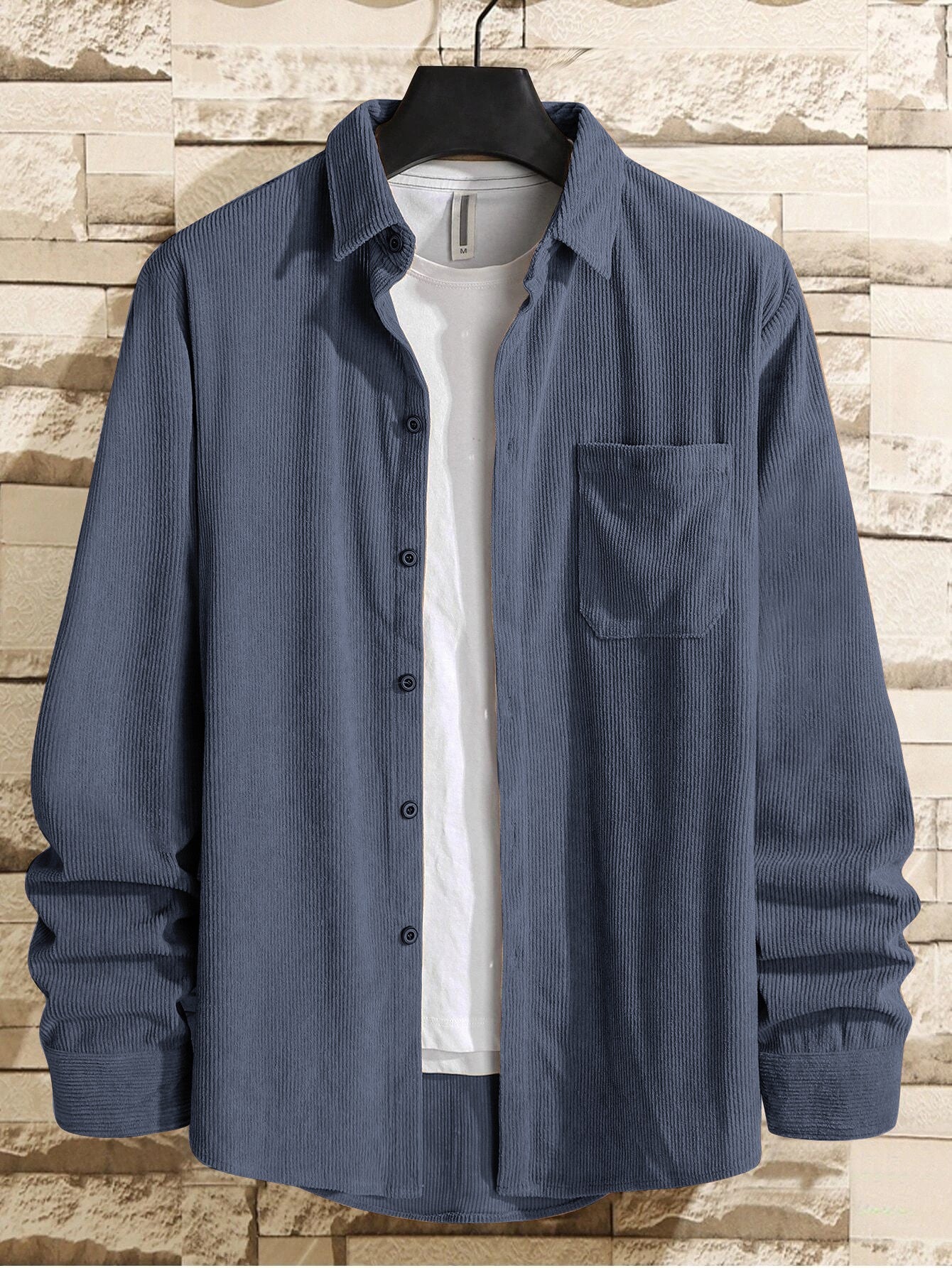 Charming Grey Men Corduroy Solid Shirt With Pocket