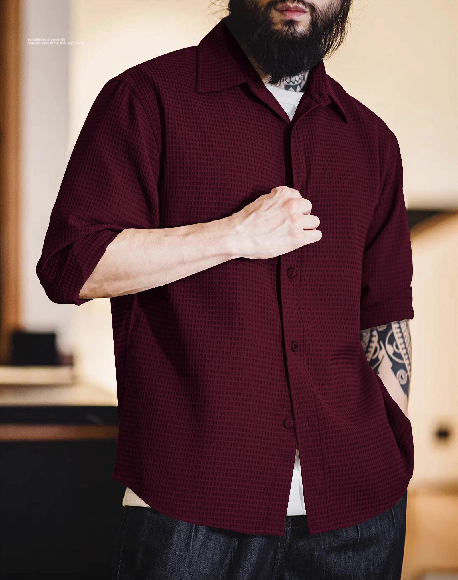 Maroon Long Sleeve Waffle Shirt